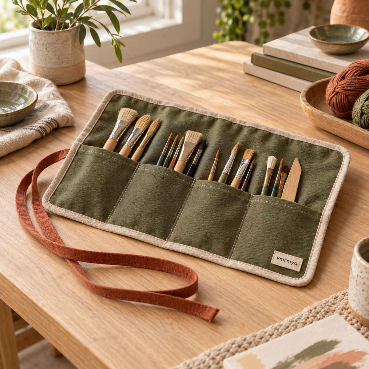 vmrmyq Brushpath Artist Tool Roll — lifestyle in a craft workspace